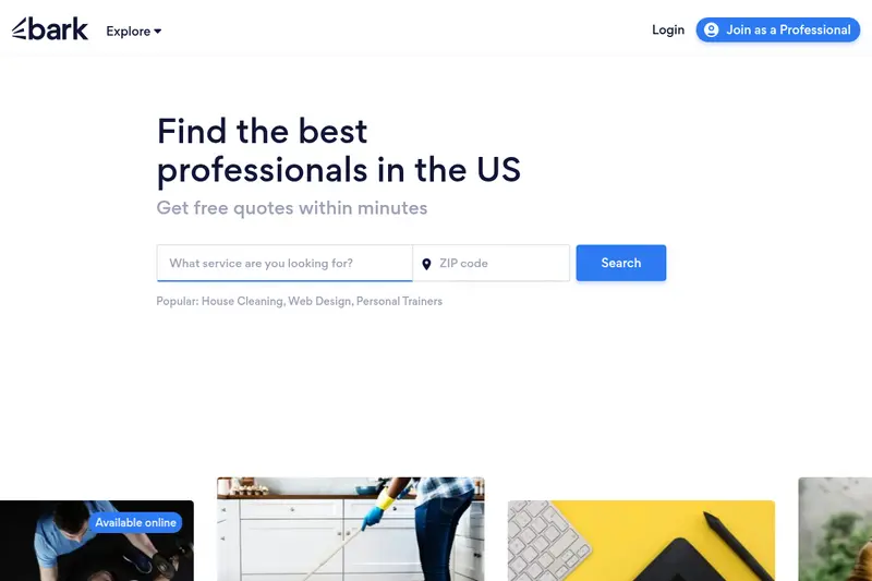 Bark homepage — Find the best professionals in the US with service search and ZIP code lookup