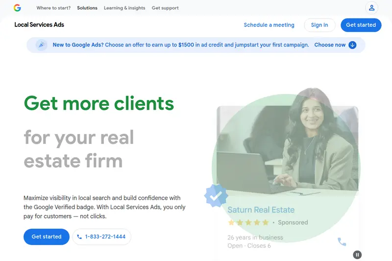 Google Local Service Ads landing page showing Google Verified badge and pay-per-lead model for contractors