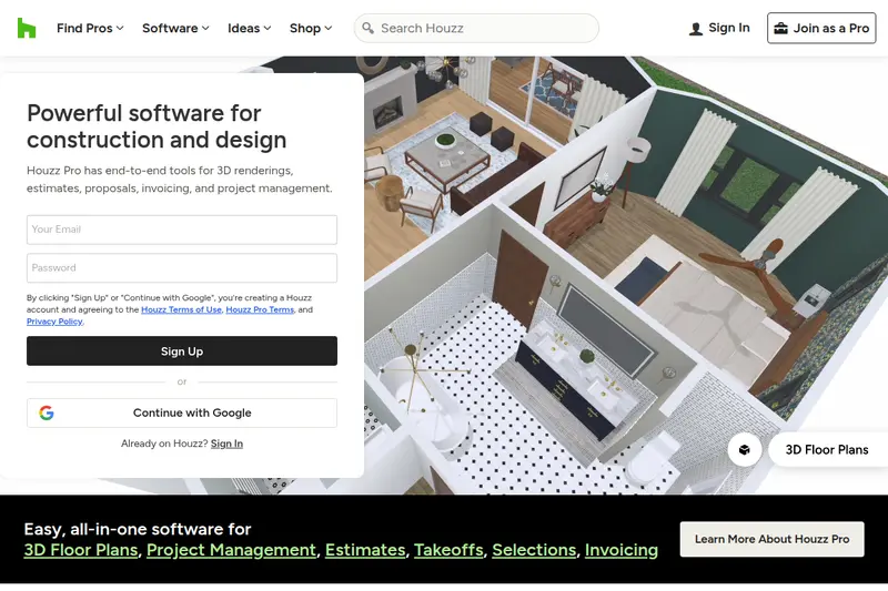 Houzz homepage in 2026 showing pivot to Houzz Pro construction management software with 3D floor plans