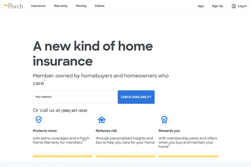 Porch homepage in 2026 showing complete pivot to home insurance — A new kind of home insurance