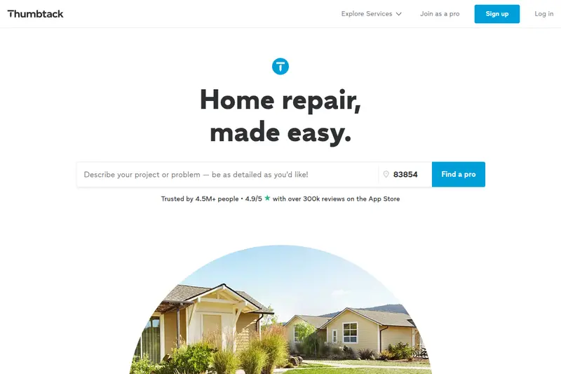 Thumbtack homepage — Home repair made easy with search bar to find local pros