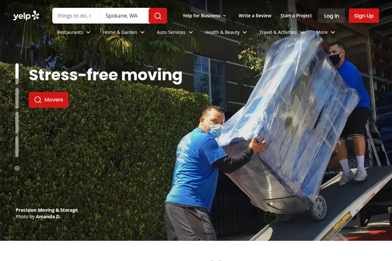 Yelp homepage showing local business search with service categories and review-driven listings