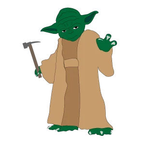 Yoda using the force to make a sale with a hammer in his hand