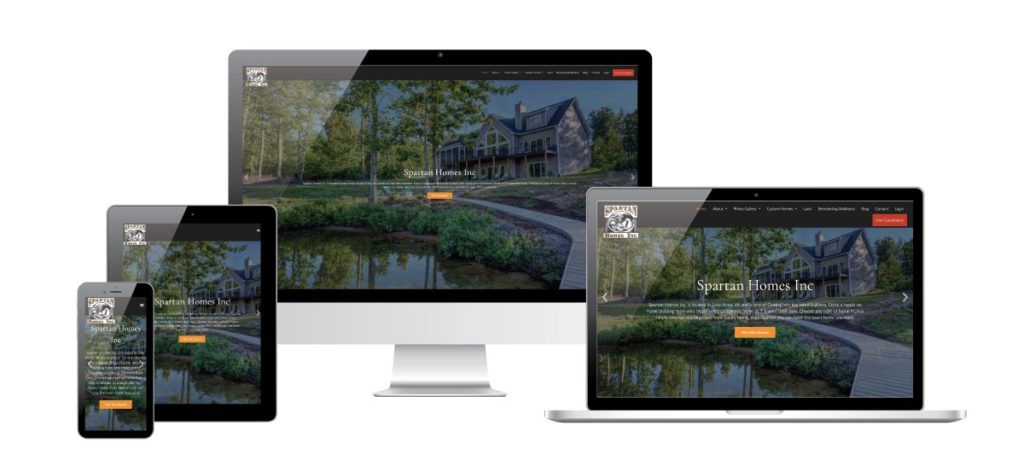 4 screens of various sizes each with Spartan Homes Inc website on it to display the responsive view of the website on different screen sizes.